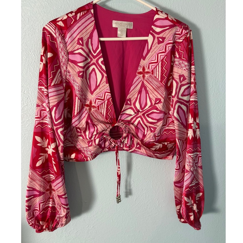 Caroline Constas Pink Red Geometric Floral V-Neck Crop Top Blouse L Resort Boho